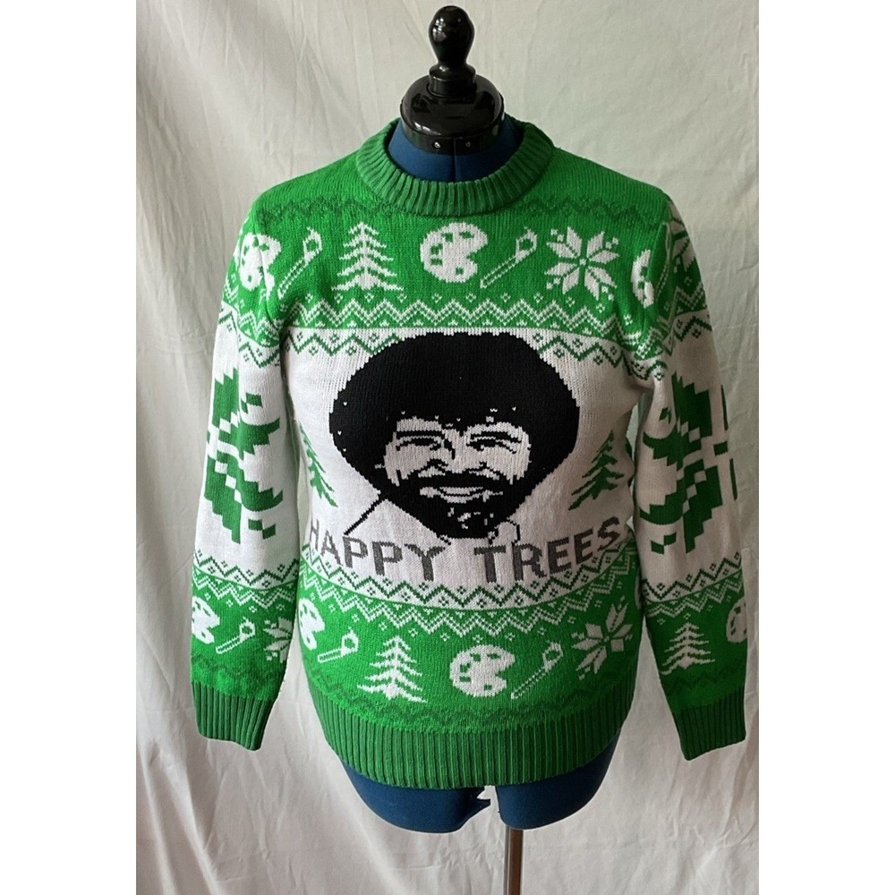 Bob Ross Mens Green White Happy Trees Holiday Fair Isle Sweater Size Small
